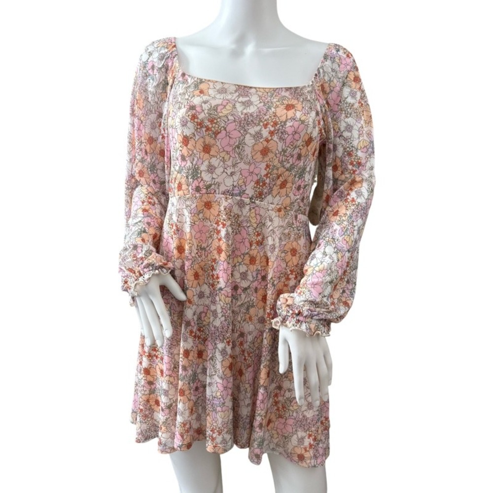 ALTAR'D STATE NWT Medium Olivia Long‎ Sleeve Mesh Mini Dress Blush Rust Floral